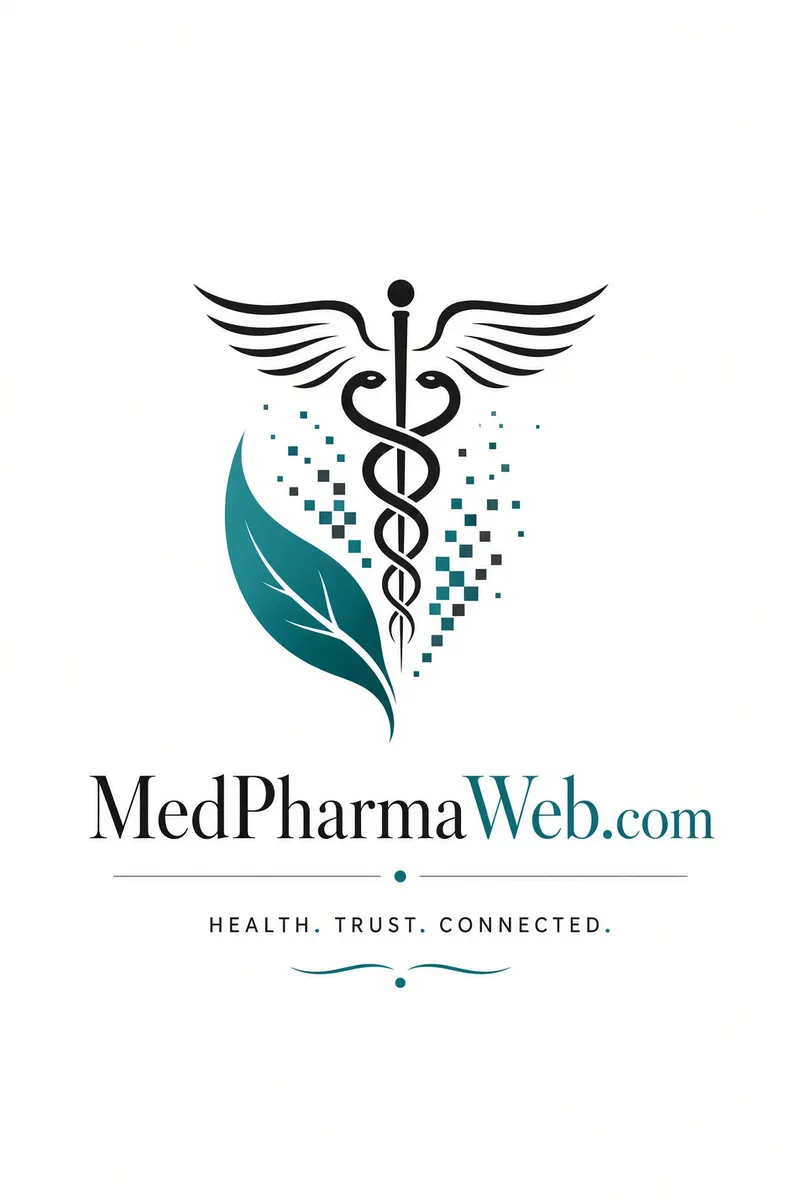 نماد عصای پزشکی با برگ سبز و نام MedPharmaWeb