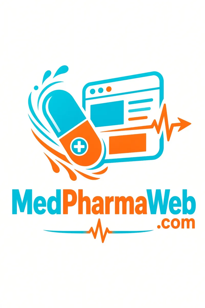 طرح گرافیکی کپسول دارو کنار پنجره مرورگر با نام MedPharmaWeb